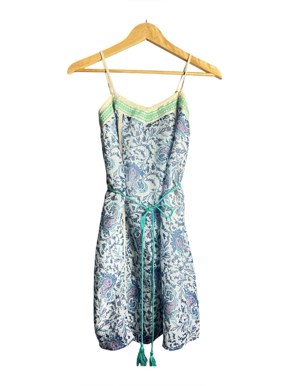 Flying Tomato Paisley Boho Cami Dress Crochet Trim Braided Tassel Belt Size S